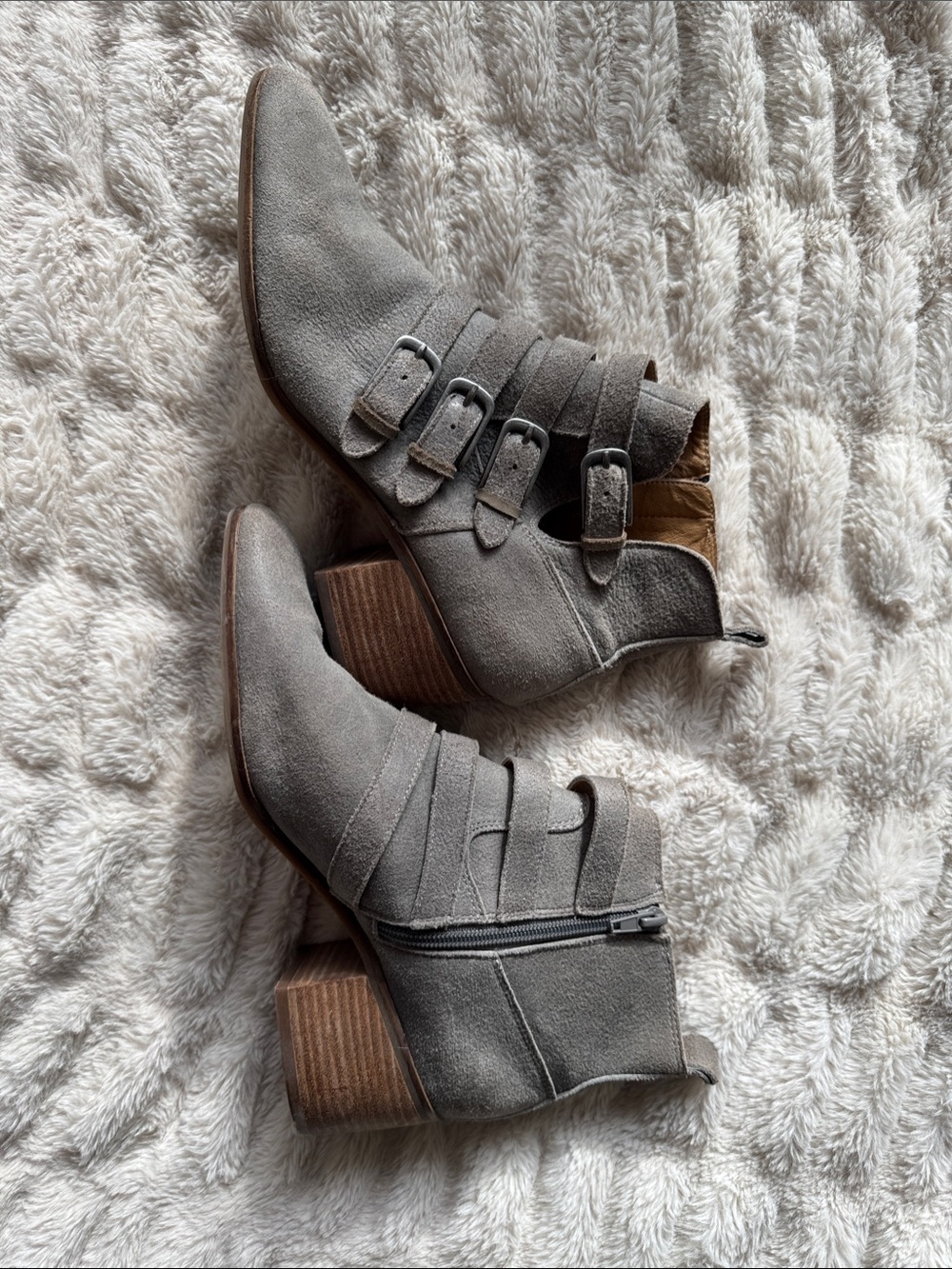 Lucky Brand Gray Suede Buckle Ankle Booties